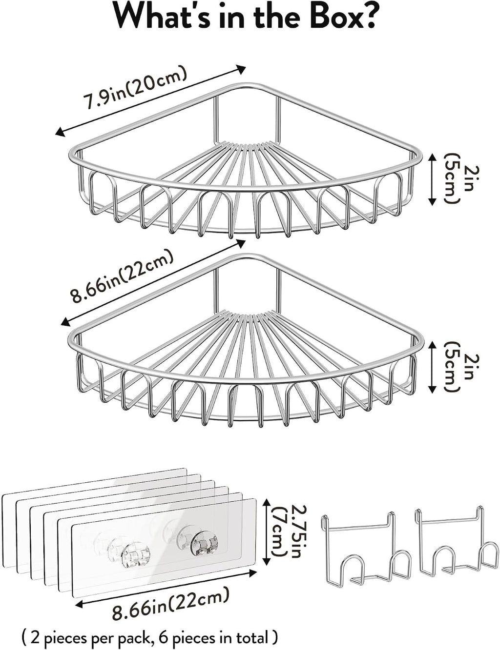 Orimade Corner Shower Caddy Stainless Steel with Hooks Wall Mounted Bathroom Shelf Storage Organizer Adhesive No Drilling 2 Pack, Silver Only for 90-Degree Corner