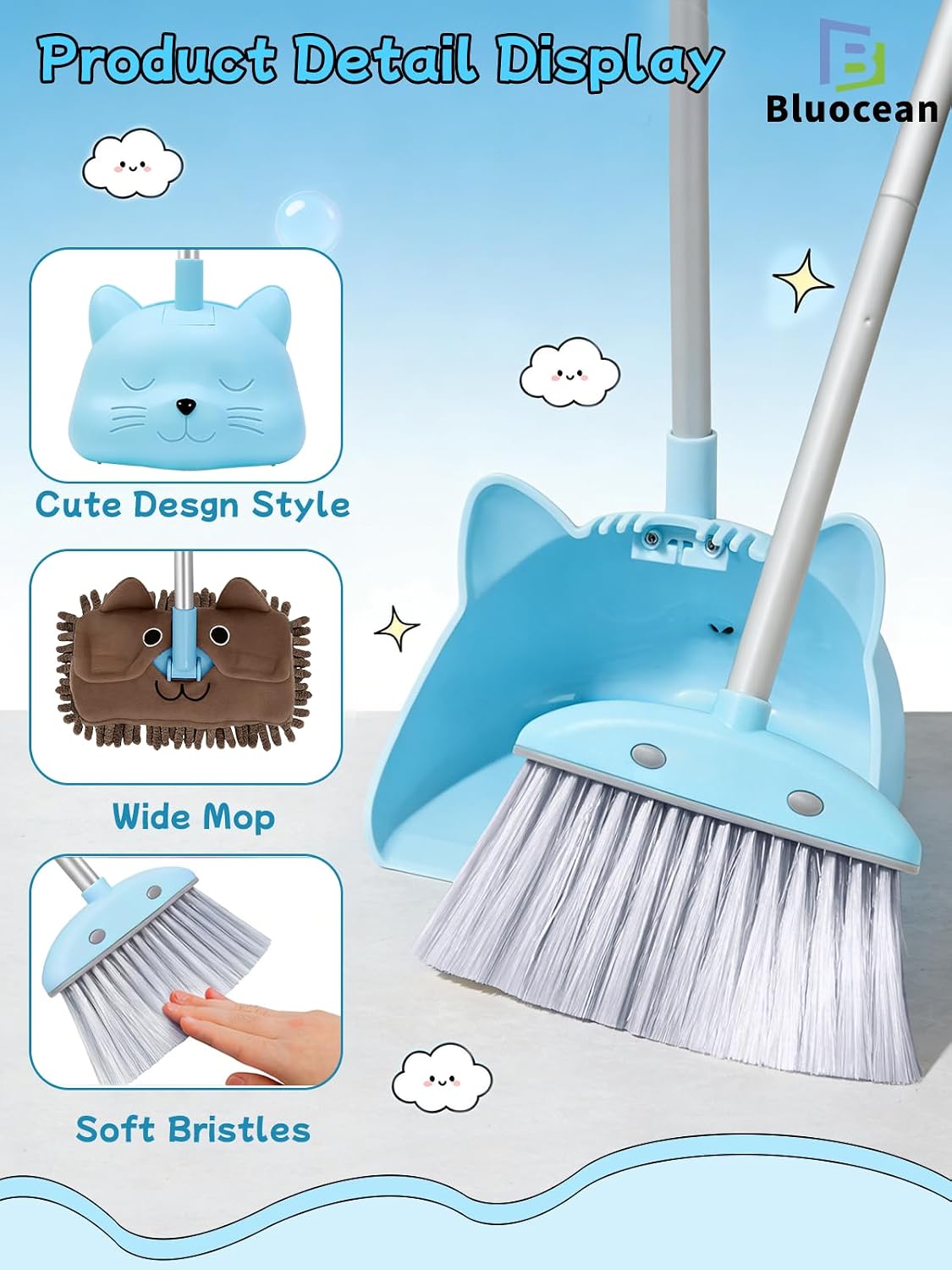 Toddler Cleaning Toy Set -28'' Kids Mini Broom with Dustpan & Mop, Toddler Household Helper, Parent-Child Interactive Play Cleaning Tool, Cute Cartoon Design, Small Safe Corner Broom (Blue)