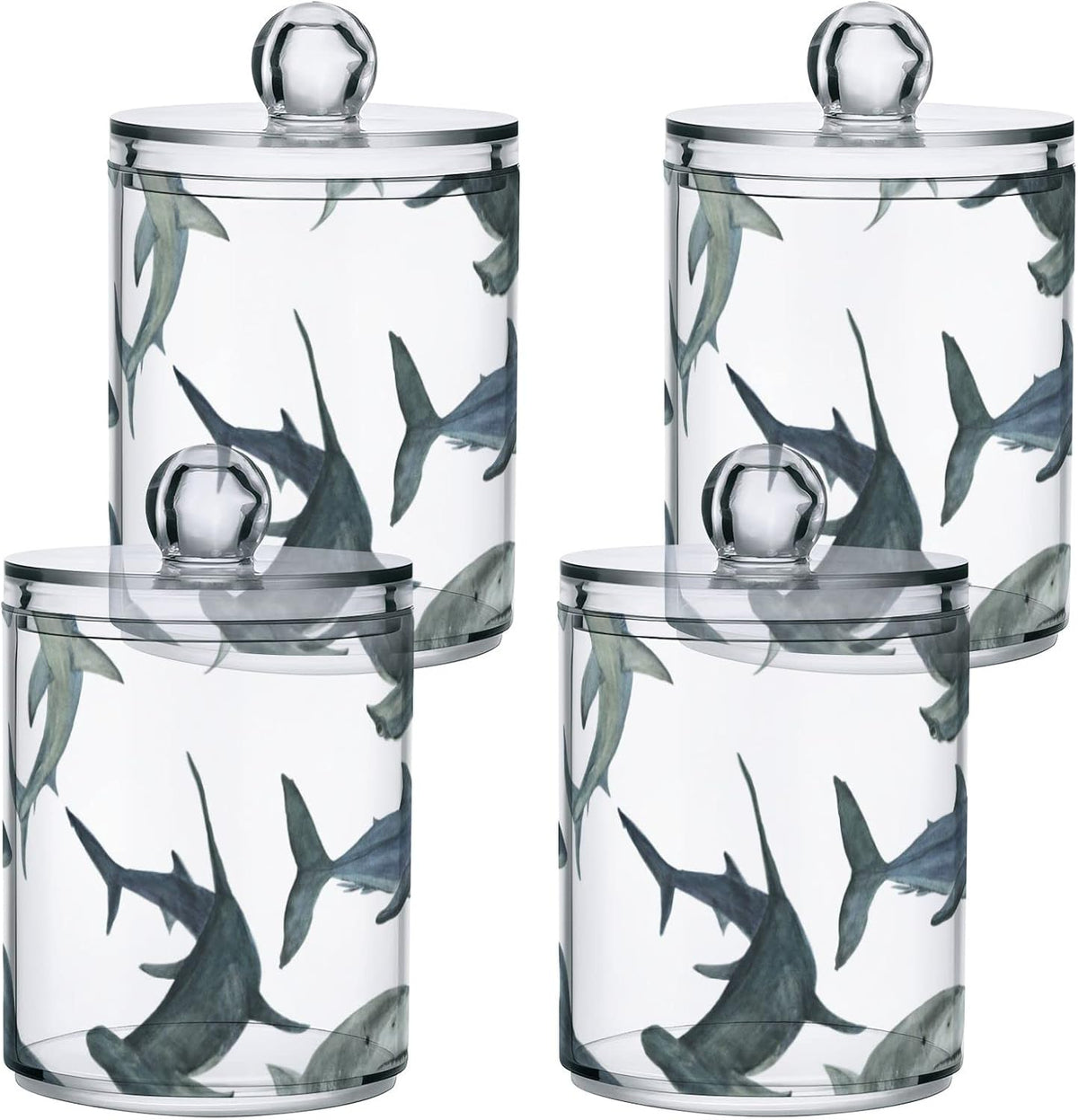 2 Pack Watercolor Sharks Apothecary Jars with Lid, Qtip Holder Storage Jars for Cotton Ball, Cotton Swab, Cotton Round Pads, Clear Plastic Canisters for Bathroom Vanity Organization (10 Oz)