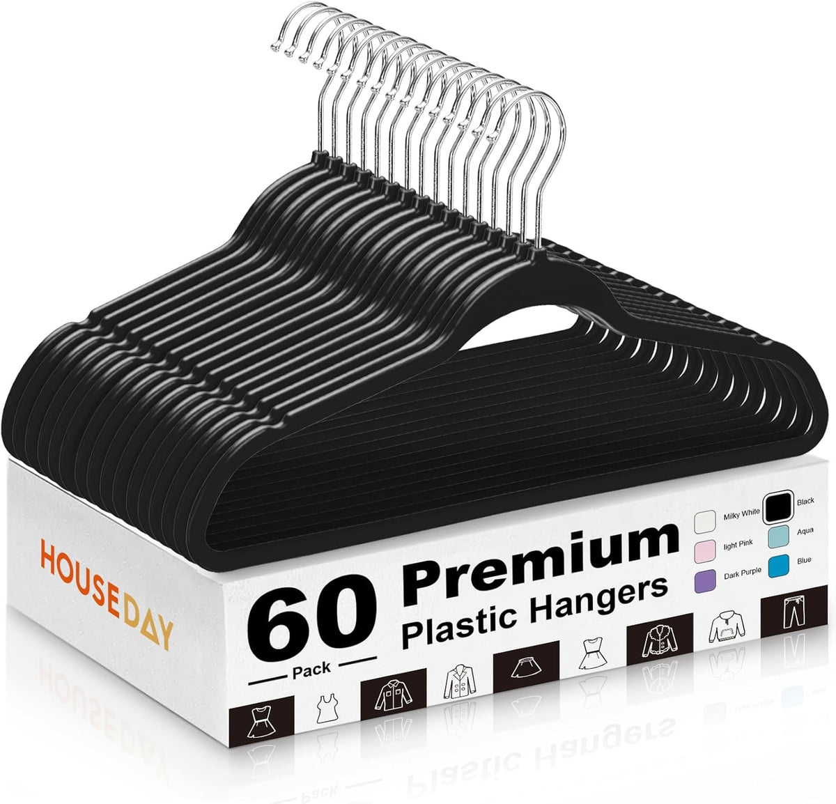 HOUSE DAY Black Plastic Hangers 60 Pack, Ultra-Thin Heavy Duty Non-Velvet
