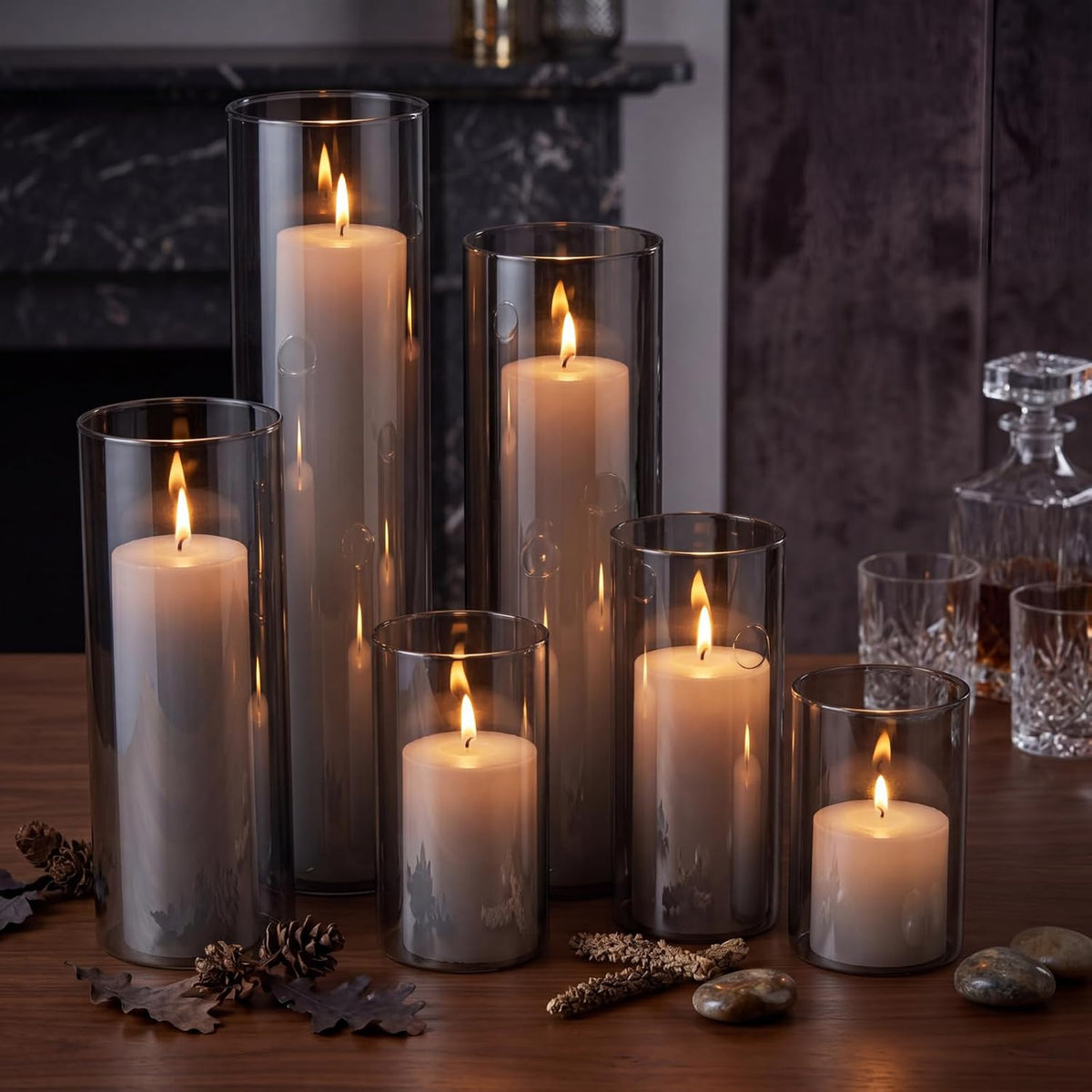 Shihanee 6 Glass Cylinder Vase Pillar Candle,White, Smoky Black,Set of 6