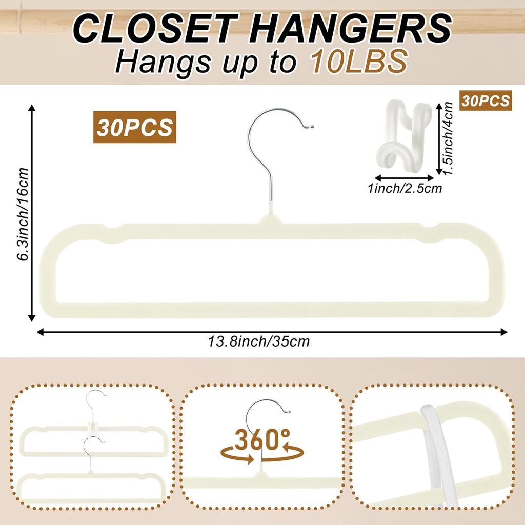 Pants Hangers Space Saving, 30 Pack Velvet Hangers for Closet with 30 Hooks, Strong Durable Non Slip Slim Clothes Hanger, Ultra Soft Flocked Hanger for Pants, Shirts, Bra, Shorts (Cream)