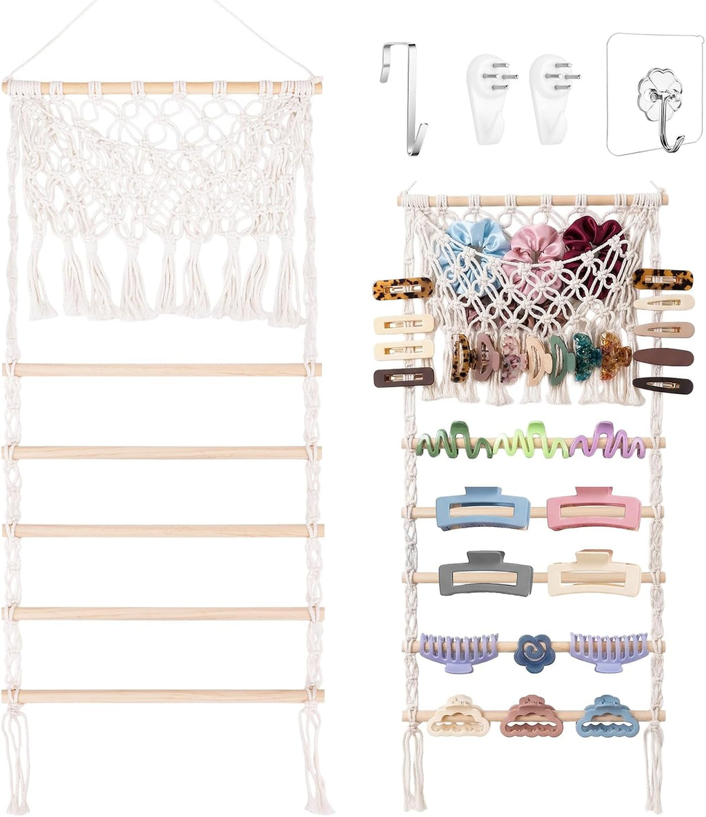 Hysagtek Hair Claw Clip Organizer - Large Capacity Mesh Bag Macrame Scrunchies Holder Hair Ties Organizer Claw Clips Hanger Home Boho Decor for Wall Door Closet