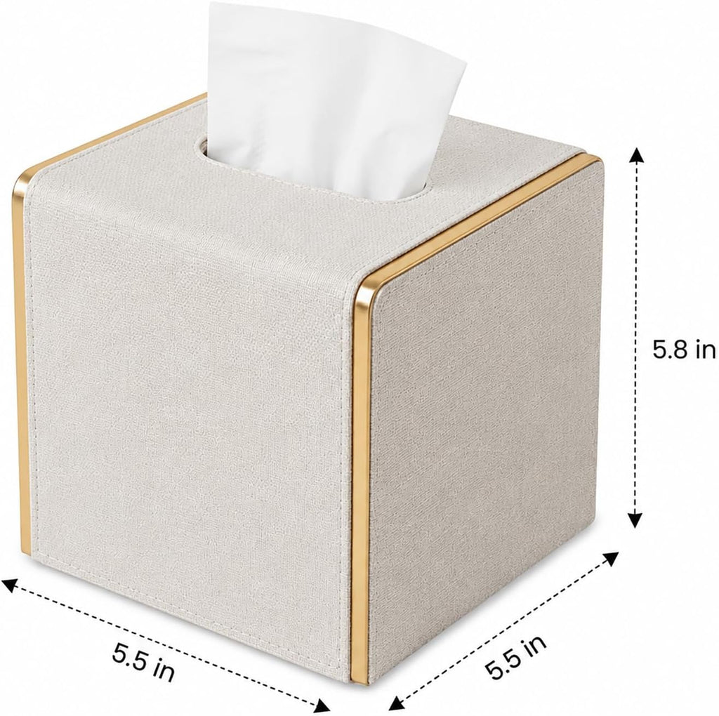 PU Leather Square Tissue Box Cover, Linen Tissue Box Holder with Magnetic Closure, Decorative Modern Cube Tissue Box for Bathroom Vanity Countertop Bedroom Office Desk (Beige)