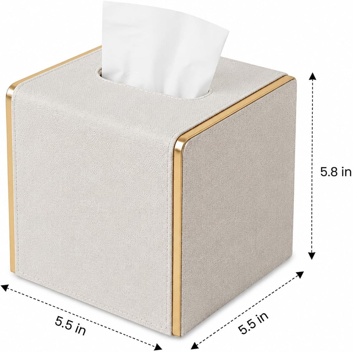 PU Leather Square Tissue Box Cover, Linen Tissue Box Holder with Magnetic Closure, Decorative Modern Cube Tissue Box for Bathroom Vanity Countertop Bedroom Office Desk (Beige)