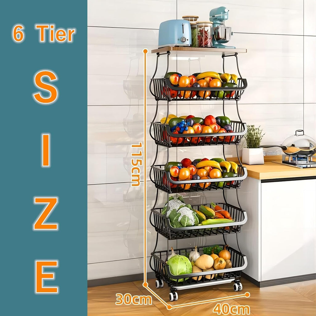 Metal Wire Baskets with Wheels, Kitchen Organizer, 6 Tier Stackable Storage Containers, Fruit and Vegetable Trolley, Dish Rack for Bathroom, Garage and Pantry