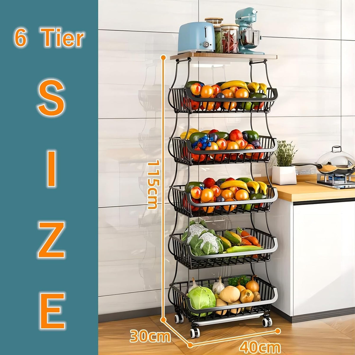 Metal Wire Baskets with Wheels, Kitchen Organizer, 6 Tier Stackable Storage Containers, Fruit and Vegetable Trolley, Dish Rack for Bathroom, Garage and Pantry