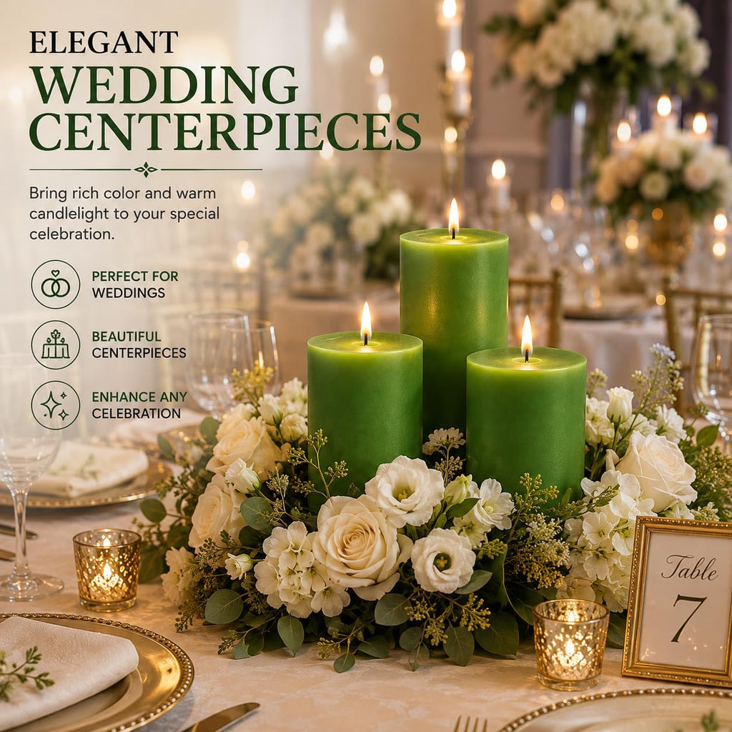 Dinil Green Pillar Candles 3x6 Inch, Set of 3 Unscented Dripless Smokeless Candles, 65+ Hour Burn Time for Wedding Centerpiece, Dinner Table & Home Decor