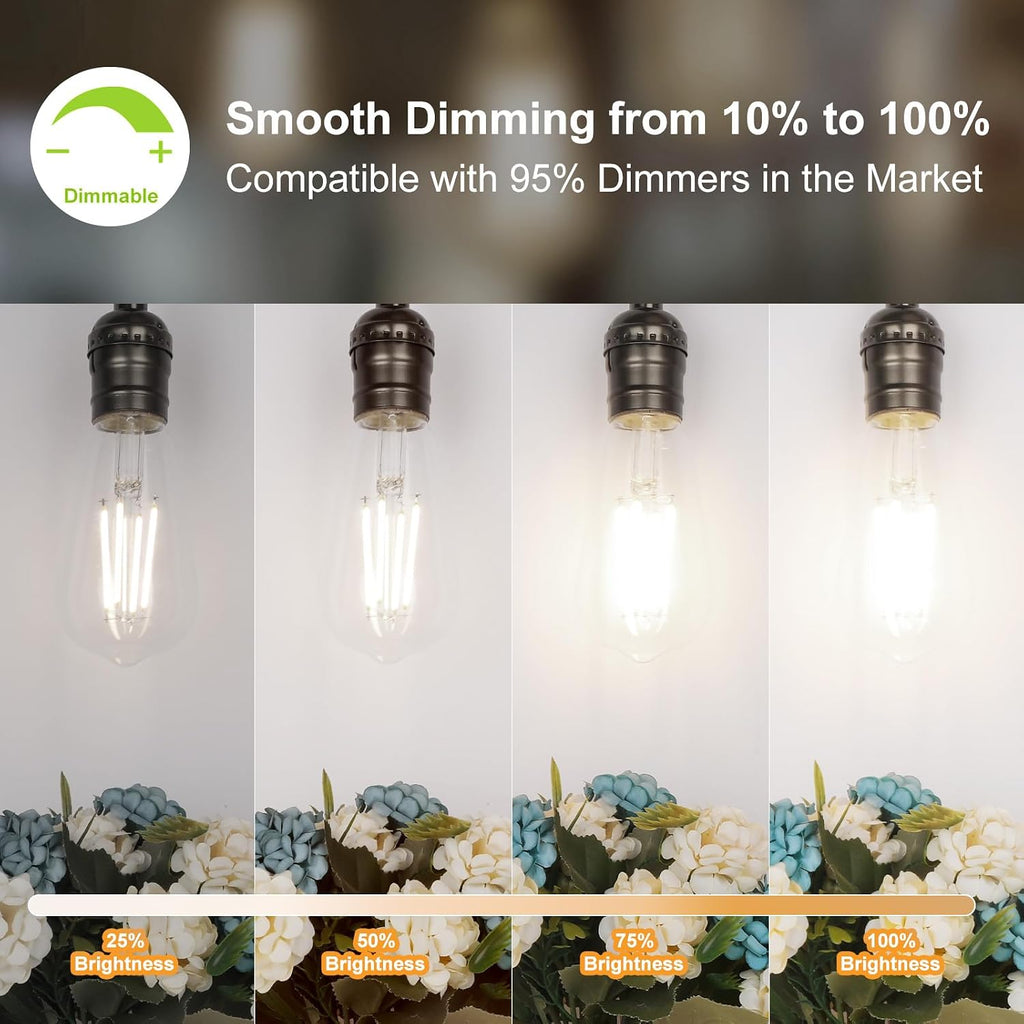 PARTPHONER LED Light Bulbs Dimmable Vintage Edison Bulb, E26 LED Bulb 60W Equivalent 720 Lumens, Neutral White 4000K, ST58 Antique LED Filament Bulb CRI 85+, Clear Glass, Pack of 12