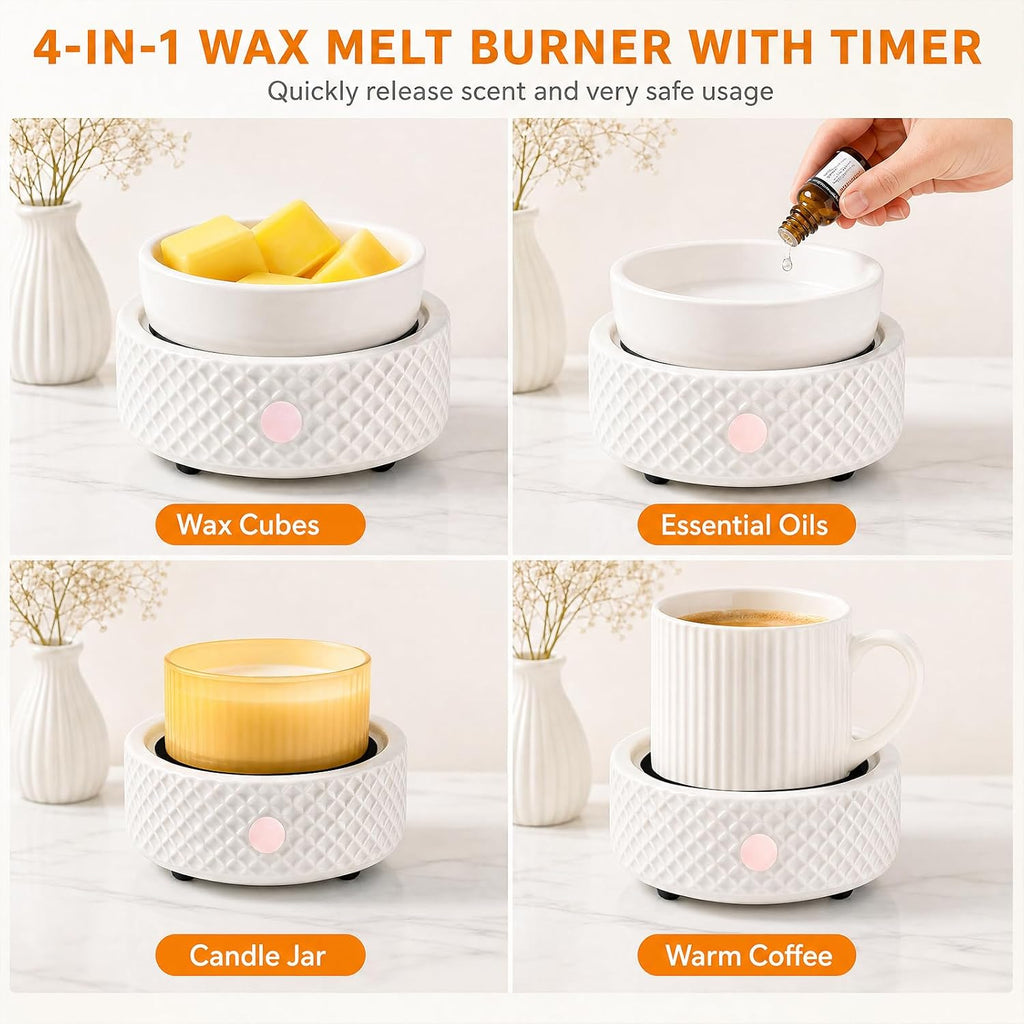 Wax Melt Burner Warmer with Timer Ceramic 4-in-1 Electric Candle Warmer Auto Shut-Off for Scented Wax Melts, Candle Jars, Essential Oil, Coffee Cup Warmer Home Decor Fragrance Gifts for Women - White