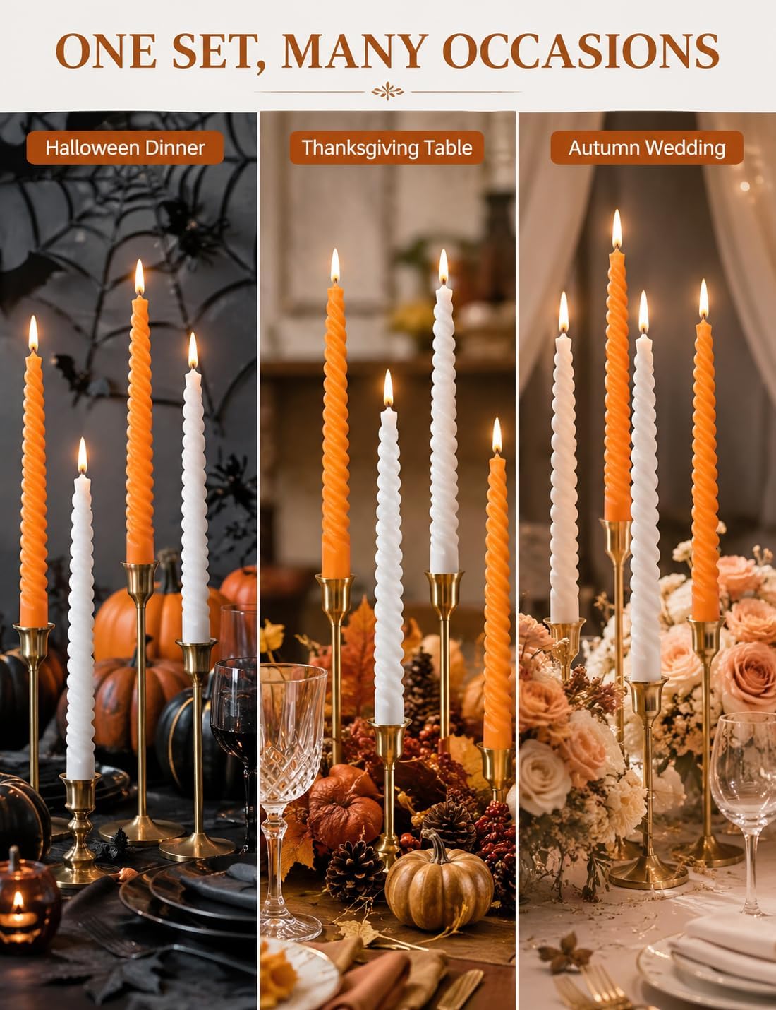 10 Inch 3 White and 3 Orange Spiral Taper Candle Set, Unscented Dripless Candlesticks for Fall Harvest Halloween Thanksginving, Holiday Décor, and Festive Dinners