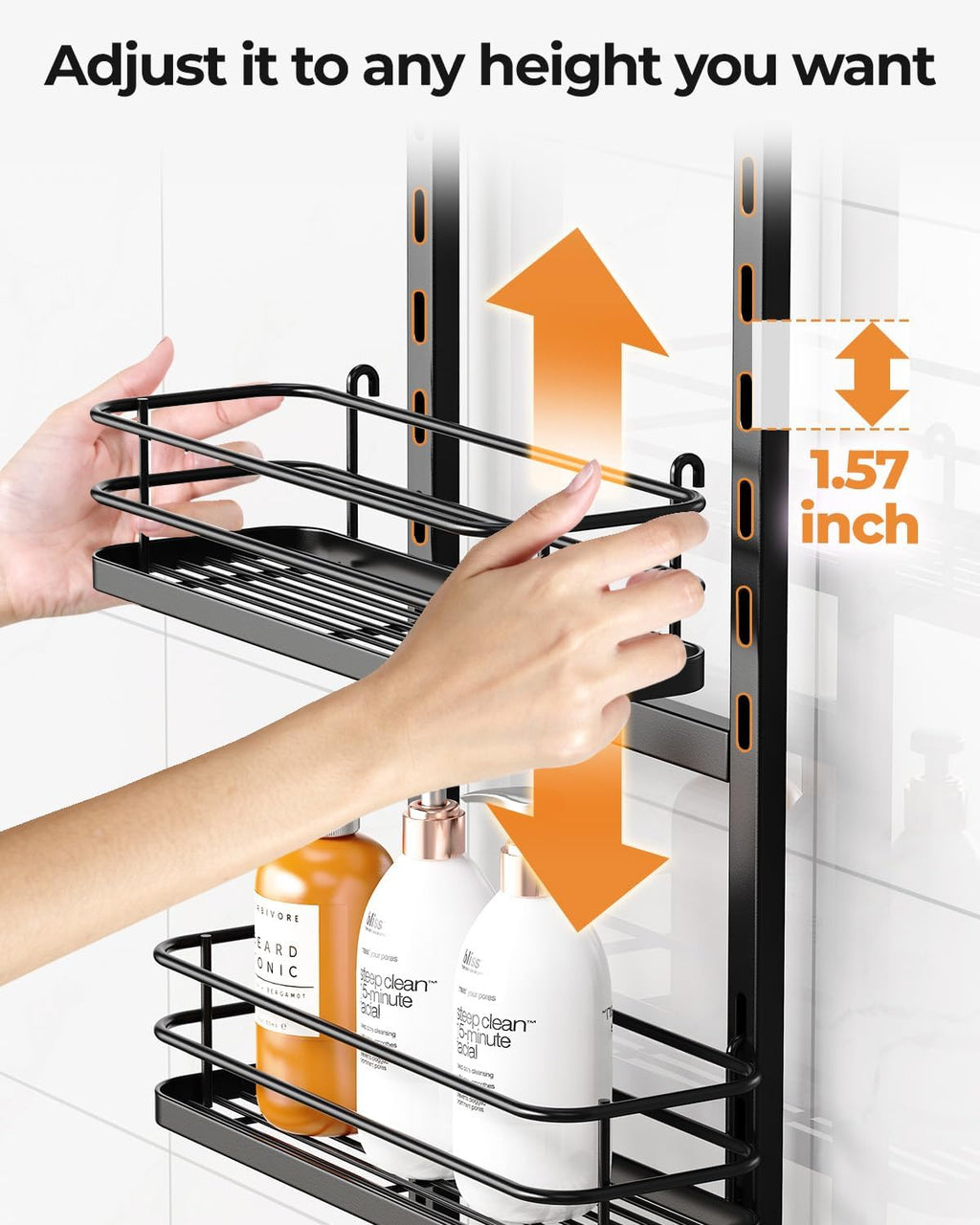 ODesign 3 Tier Adjustable Shower Caddy Hanging Over Head Anti-Swing Black