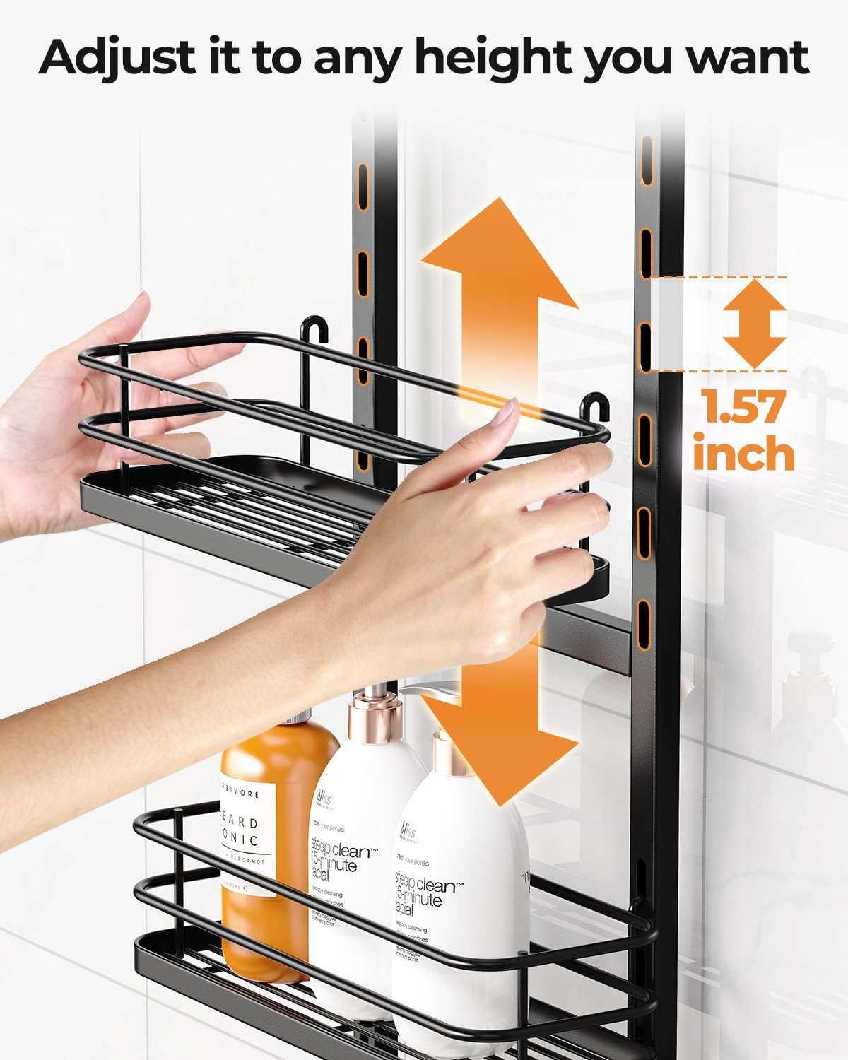 ODesign 3 Tier Adjustable Shower Caddy Hanging Over Head Anti-Swing Black
