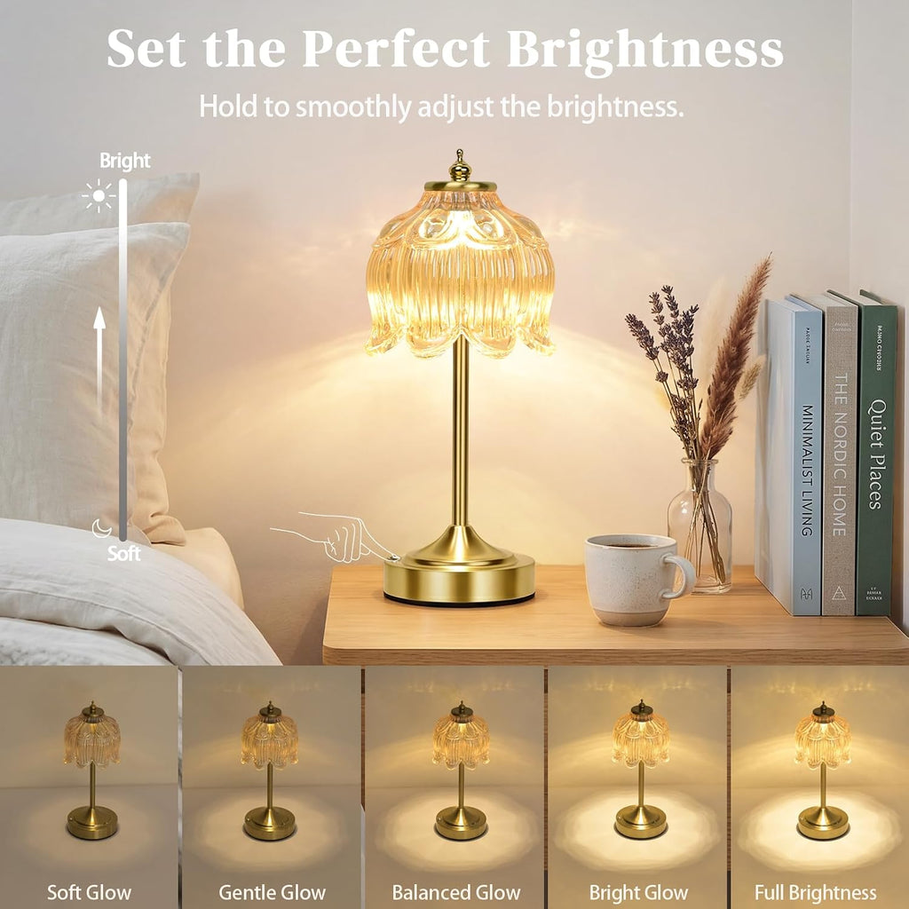 Amber Glass Flower Lamp, Rechargeable Cordless Table Lamp
