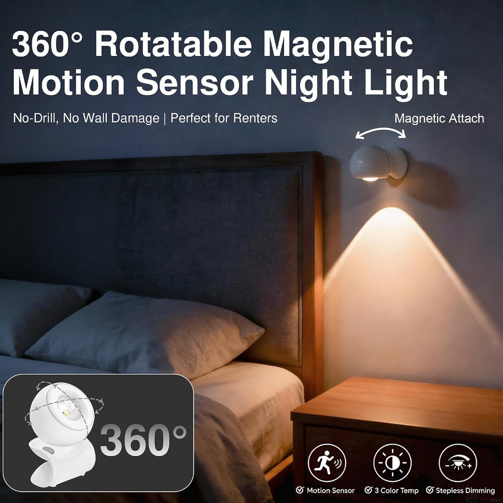 Rechargeable Night Light with Motion Sensor, 1200mAh+AAA Battery Dual-Use, Dimmable 3-Color Temperatures, 360° Magnetic Detachable Night Light for Hallway Bathroom Bedroom Stairs Closet