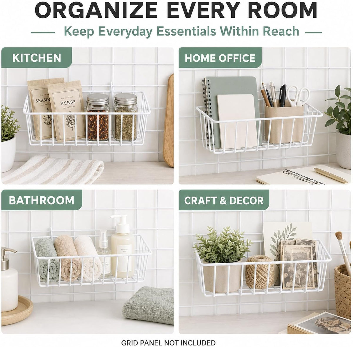 10 Pack Wall Grid Panel Hanging Wire Basket, Metal Wall Storage and Display Basket, Grid Wall Storage Basket for Kitchen, Home Decor Supplies - White (9x3.9x3in)