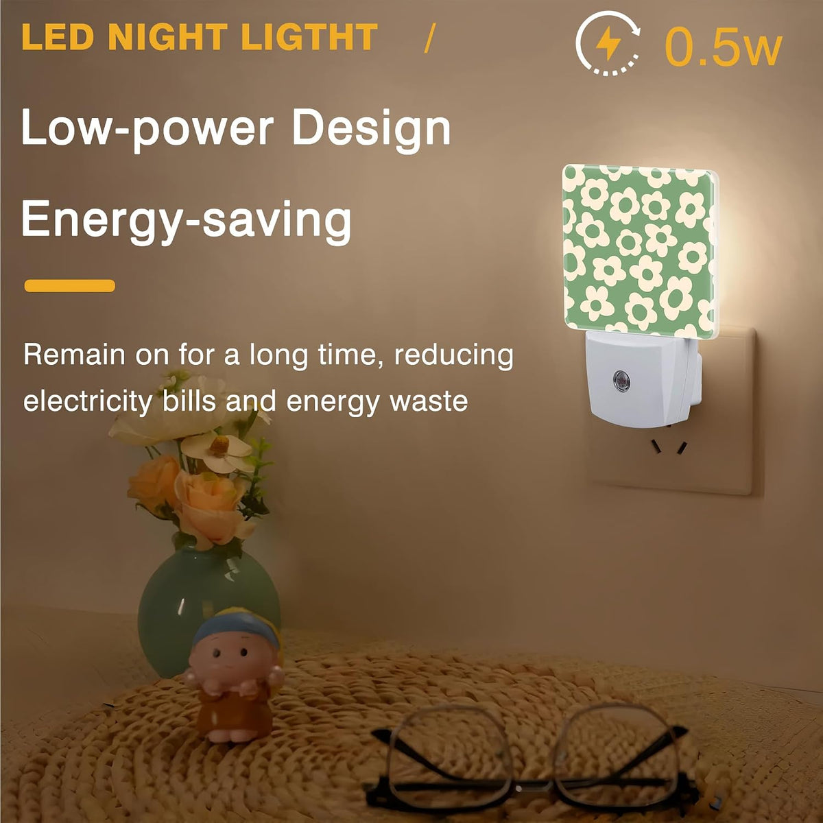 Night Light Green Groovy Flower Night Lights Plug into Wall Smart Dusk to Dawn Sensor 0.5W Energy Efficient Led Lamp for Men Women Bedroom Bathroom Hallway Stairway Decor