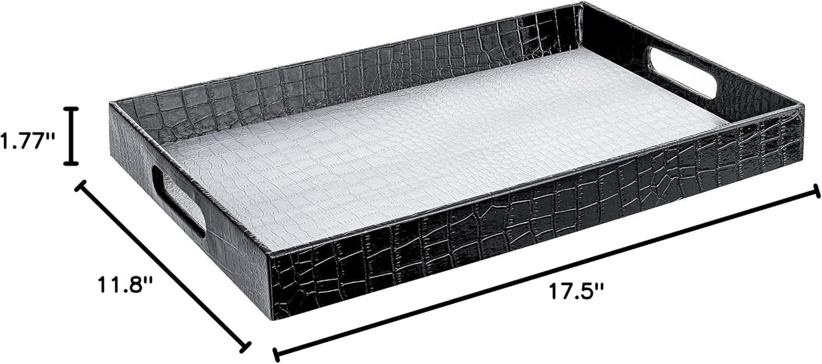 Home Redefined 17.5"x12" Silver & Black Glossy Crocodile Faux Leather Serving Tray Beautiful Modern Elegant Decorative Tray with Handles Ottoman Coffee Table Tv Remote Storage for All Occasion's