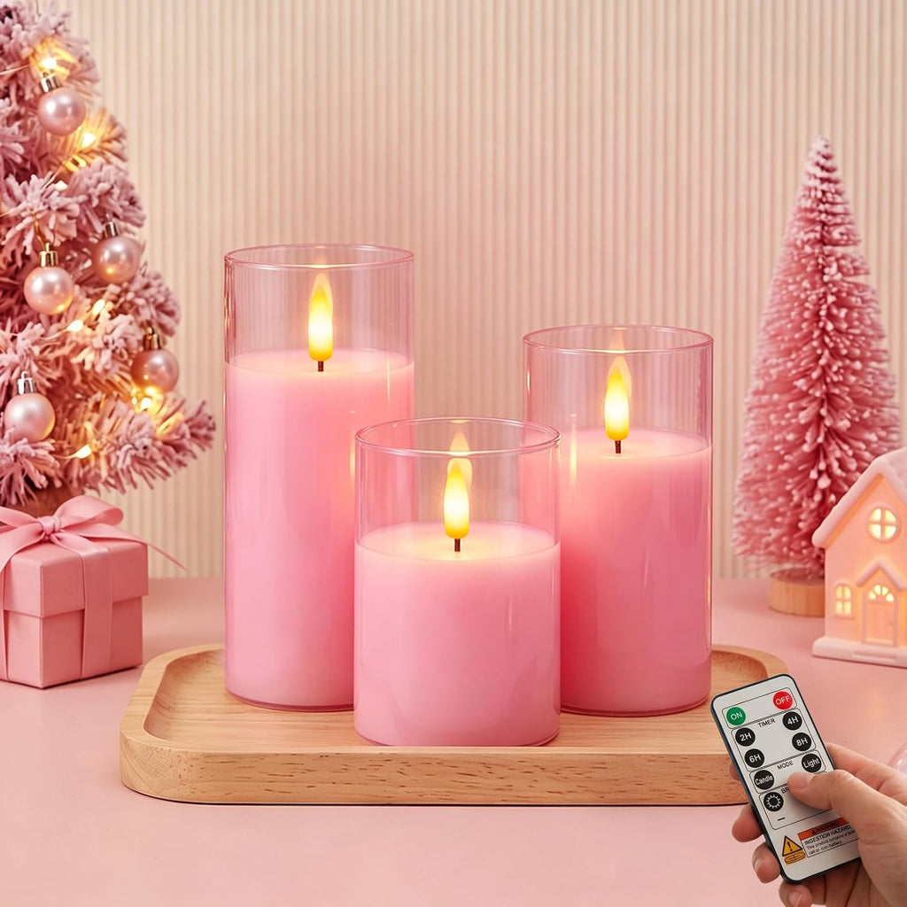 Amagic Pink Glass Flameless LED Candles Battery Operated with Remote Timer