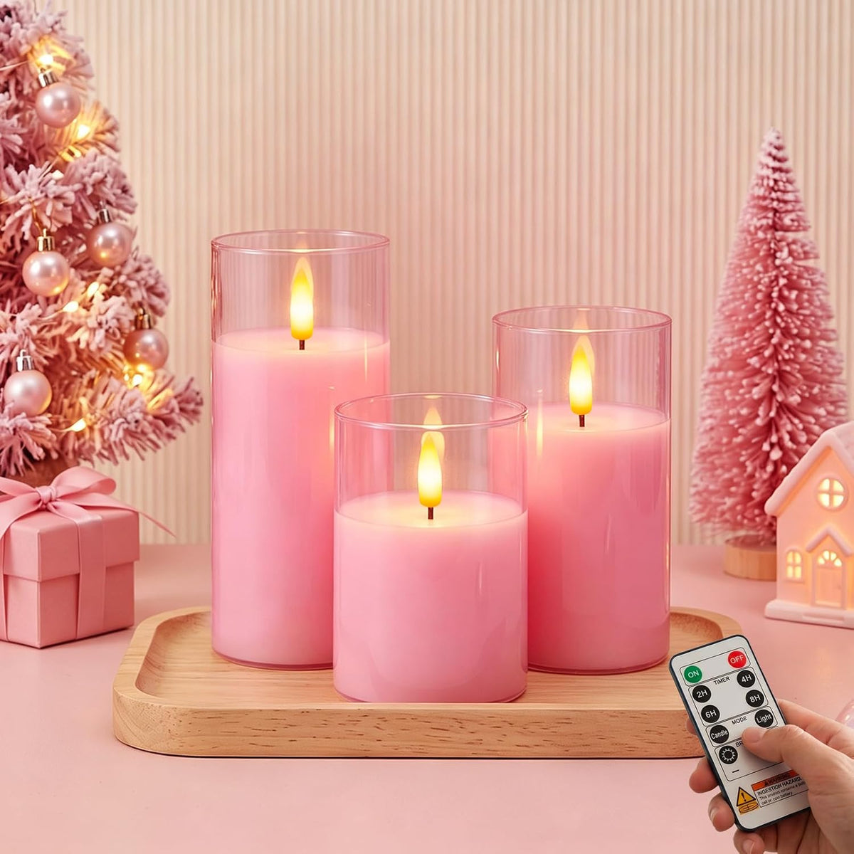 Amagic Pink Glass Flameless LED Candles Battery Operated with Remote Timer