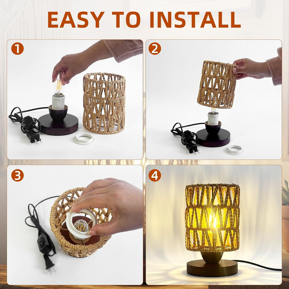 Boho Rattan Table Lamp,Dimmable Bamboo Small Bedside Lamp for Bedroom Decor