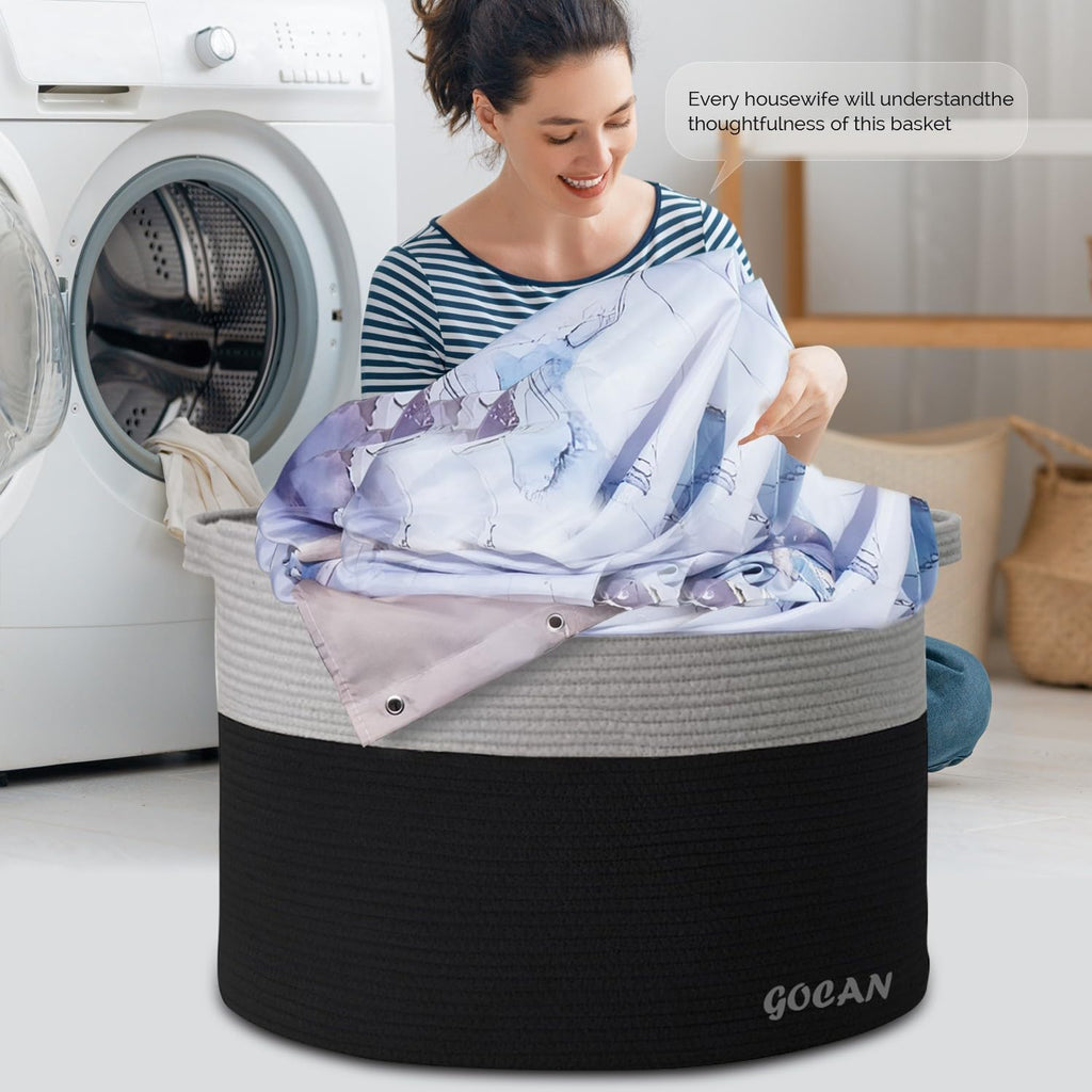 Cotton Rope Woven Laundry Basket 22"X 22"X 14" with handles(Black-Grey)XXXL