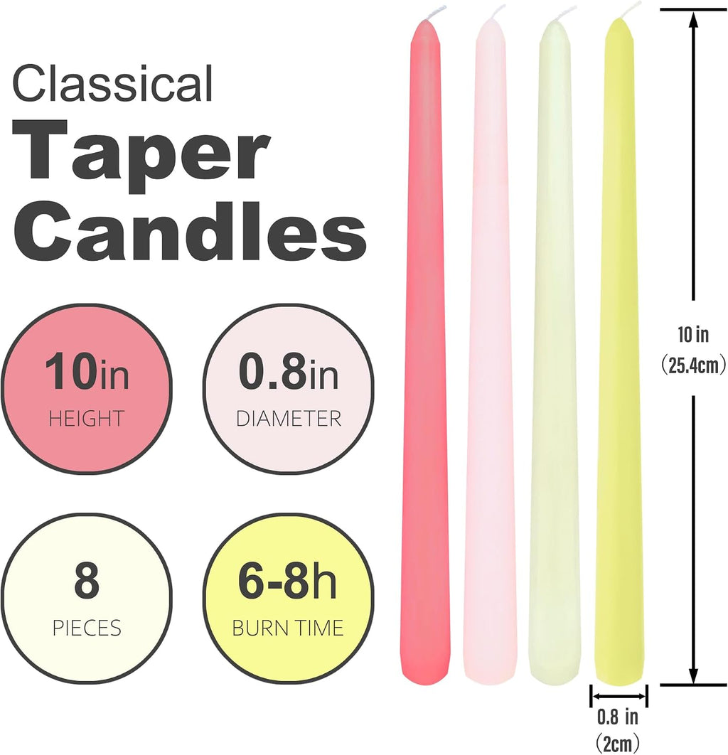 10 Inch Multi Color Taper Candles, 8 Pack Unscented Dripless 6-8 Hours Burn Candlesticks for Holiday, Dinner, Party