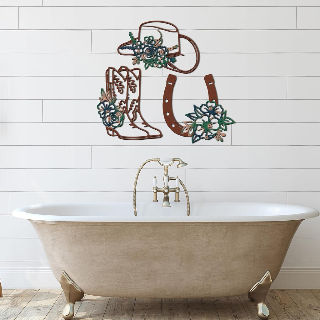 3 Pcs Cowboy Hats Boots Horseshoes Flowers Metal Wall Arts
