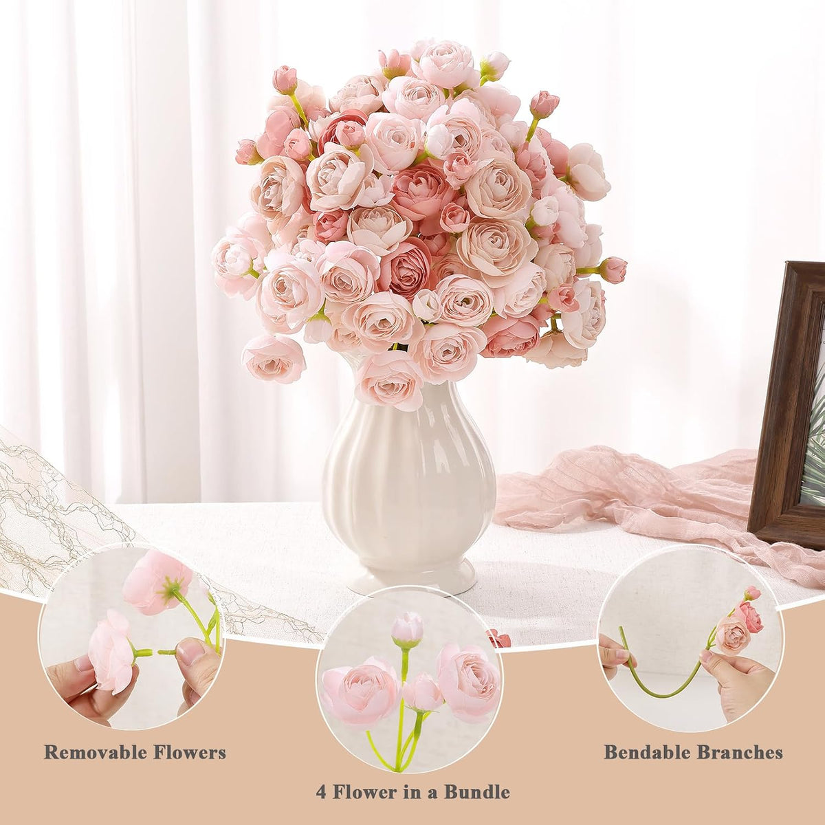 U'Artlines Mini Ranunculus Artificial Flowers Bouquet 40 PCS Dusty Rose