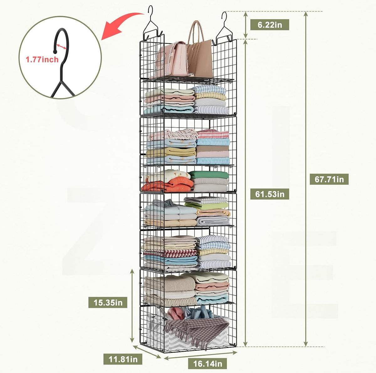 8 Tier Widened Hanging Closet Organizer and Storage Shelves, Metal & Foldable Hanging Clothing Organizer Baskets with Adjustable Dividers for Sweaters Shoes Handbags,Black (D11.81"xW16.14"xH15.35")