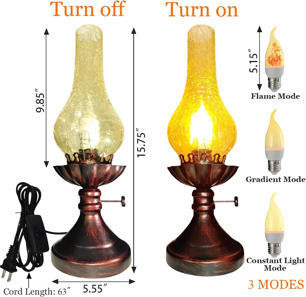 Vintage Table Lamp - 3 - Mode Dimmable Retro Rustic Desk Lamp with Crackle Glass Shade, Antique Victorian Western Style, E26 Bulb Included, Ideal for Bedroom, Living Room, Home Decor (Yellow Glass)