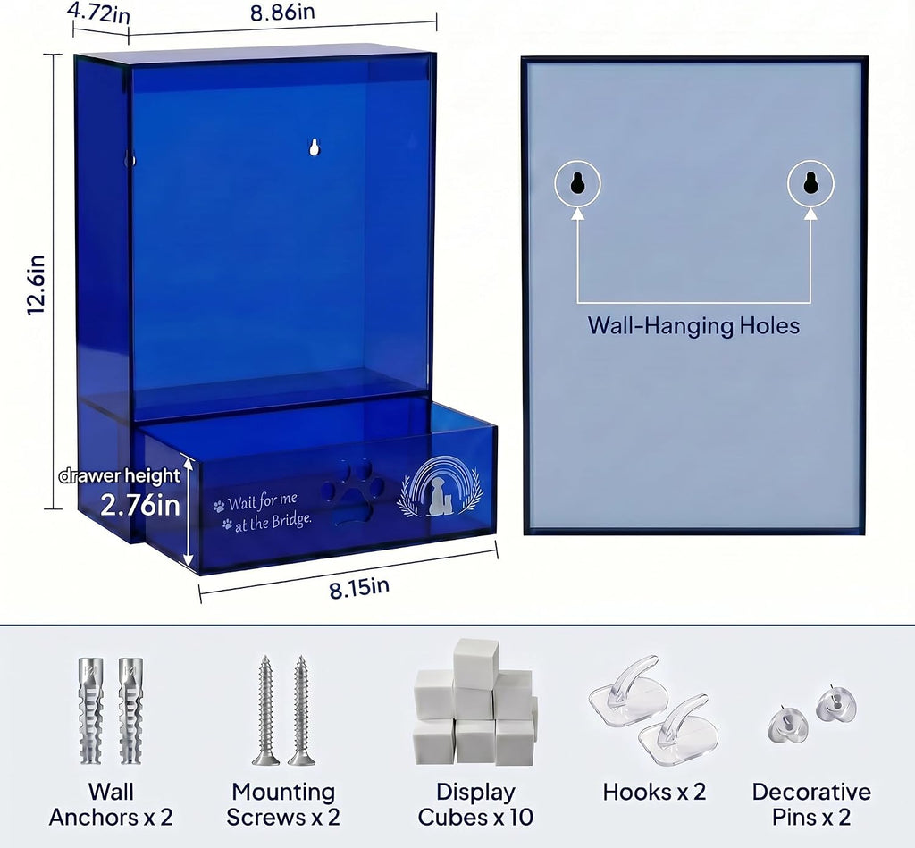 Pet Memorial Shadow Box, Modern Sapphire Blue Acrylic Memory Box for Dog & Cat Ashes, Keepsake Display Case for Photos, Collar & Paw Print, Pet Loss Sympathy Gift, 12.6 x 9.25x 4.7In