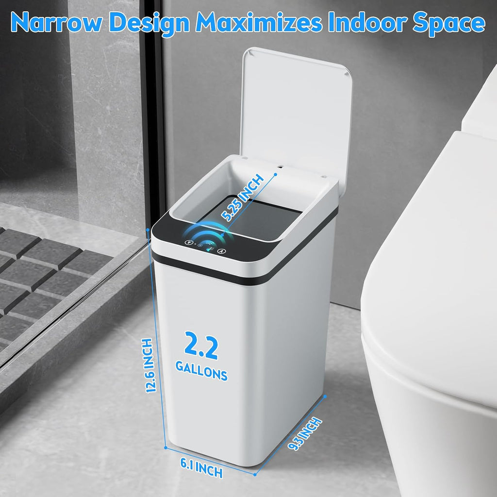 KOEYLE 2 Pack 2.2 Gallon Automatic Touchless Garbage Can, Small Motion Sensor Smart Trash Can, Slim Waterproof Trash Bin for Bedroom, Bathroom, Office, Living Room, White