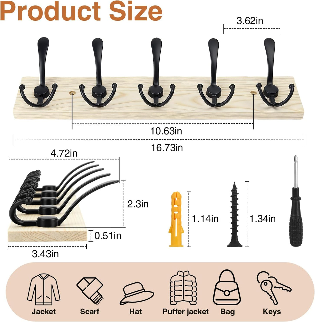 Wooden Coat Rack Wall Mount Heavy Duty, 2 Pack Coat Hanger Wall Mount with 5 Triple Hooks for Clothes, Jacket, Hat, Keys, Space Saving Entryway Organizer for Mudroom (Natural Plate & Black Hooks)