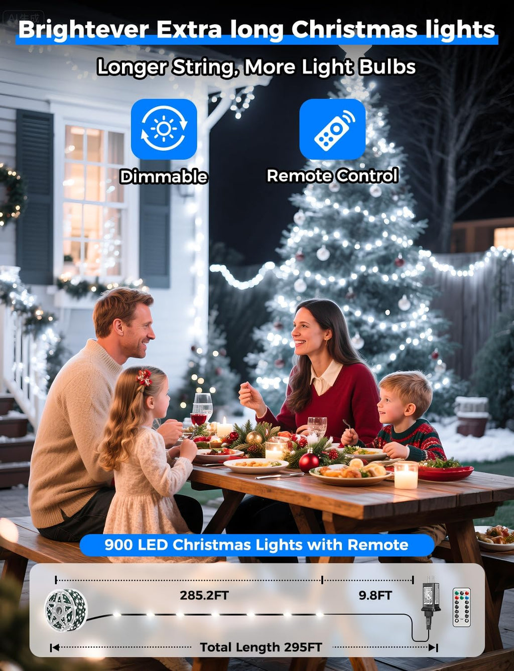 Brightever 900 LED 295FT Outdoor Christmas Lights with Remote
