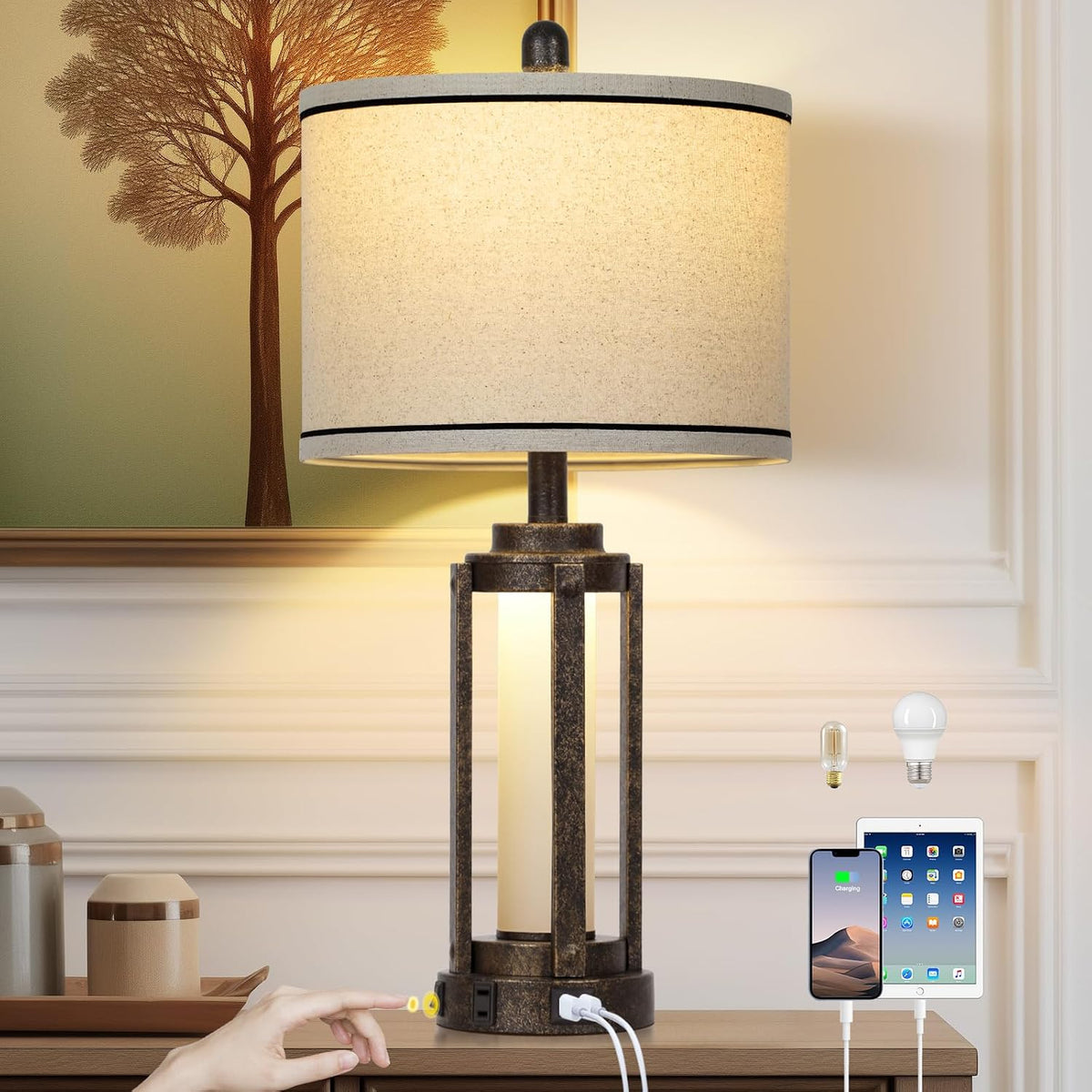 Farmhouse Industrial Lamp with USB A+C Charging Ports & AC Outlet, 26" Vintage Rustic Retro Table Lamp with Glass LED Night Light & Linen Fabric Shade for Living Room Bedrooms Single(2 Bulbs Included)