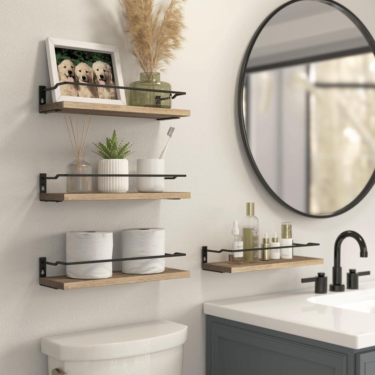 RICHER HOUSE 4-Piece Bathroom Paulownia Wood Shelves Set, Wall Mounted, Protected Guardrail, 20 lbs Weight Capacity - Carbonized Black