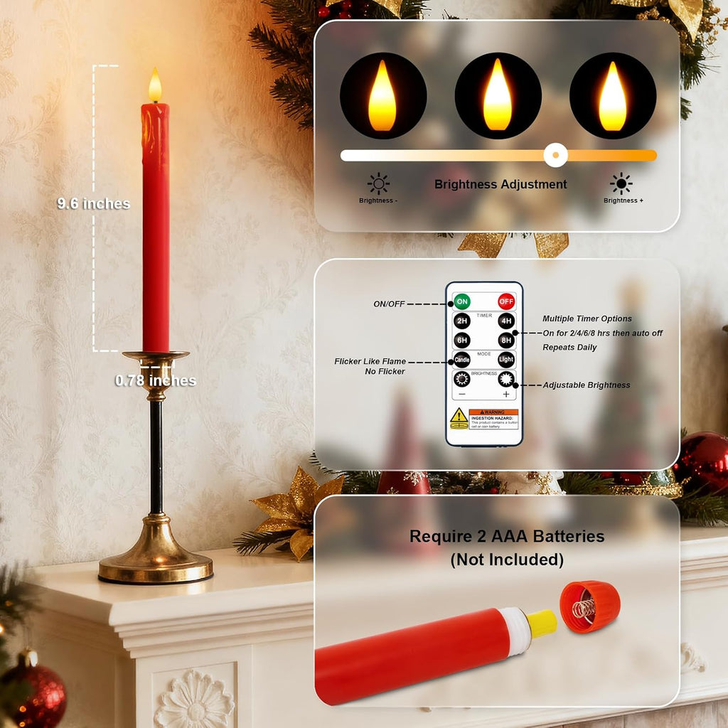 Homemory 6 Pcs Real Wax Made Flameless Taper Candles with Remote and Timer, Red Battery Operated Candlesticks Flickering, 9.6" Led Taper Candles with Lifelike Flame for Xmas Home Date Decor