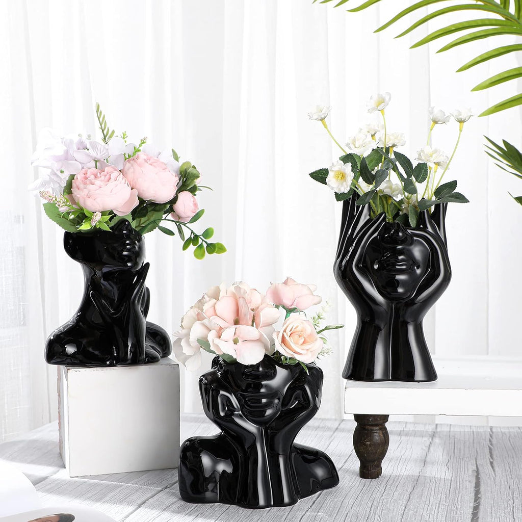 Sieral 3 Pcs Ceramic Face Vase Female Form Body Flower Vase, Small, Black
