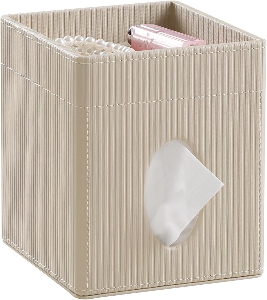Square Tissue Box Cover with Storage Tray, Tissue Box Organizer, Beige