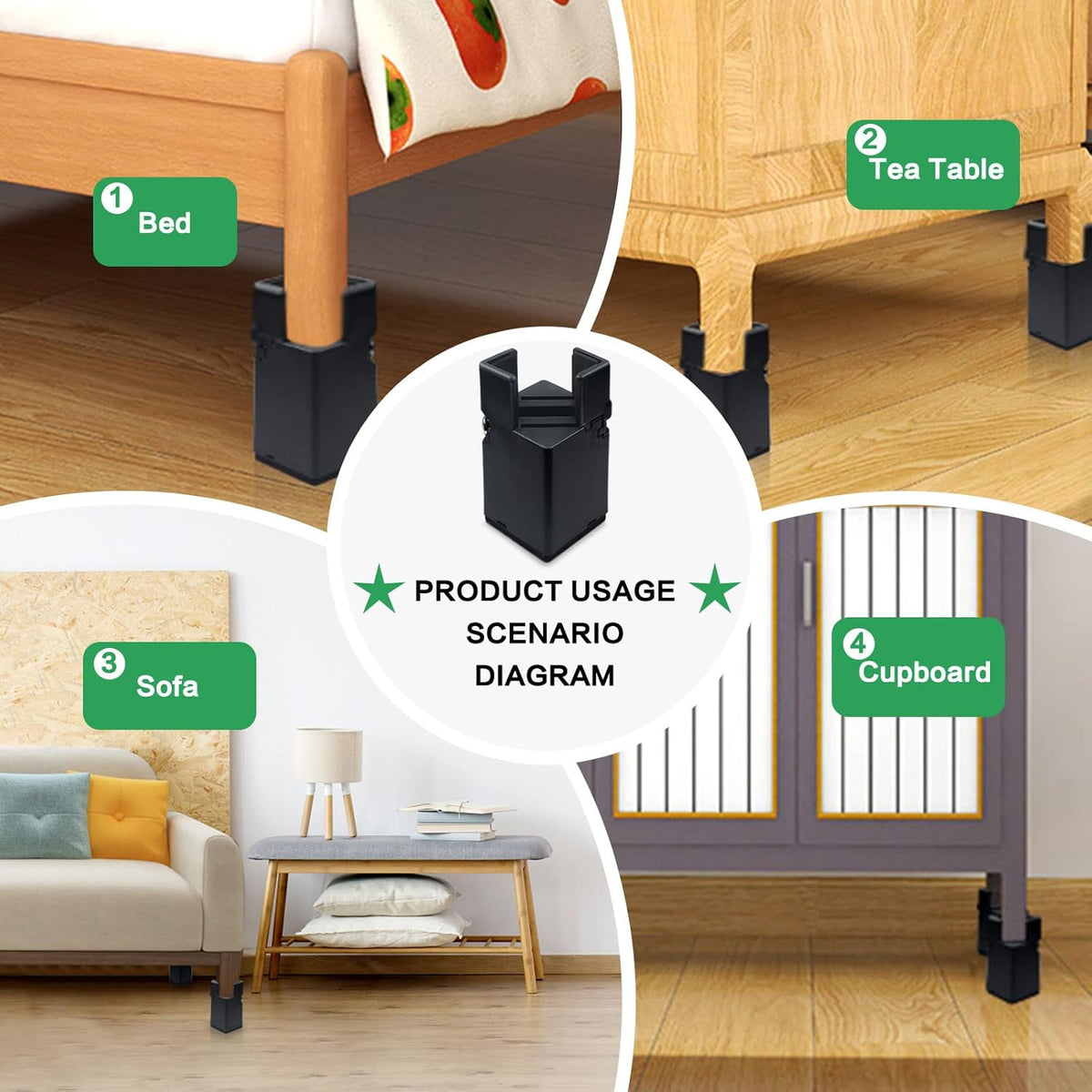4Pcs Adjustable Furniture Risers with Screw Clamp, Sturdy Desk Risers for Desk Legs, Bed Risers Heavy Duty, Table Risers for Chair Frame Width from 0.8-1.6in, Supports 4409lbs (3In)