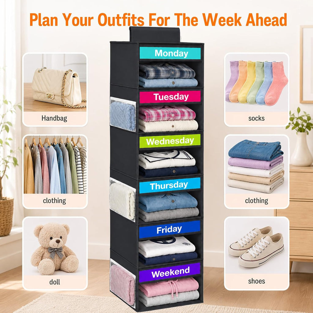 6 Shelf Weekly Clothes Organizer for Kids Days of The Week Outfits(Black)