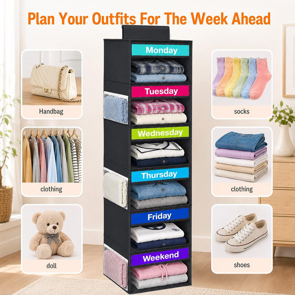 6 Shelf Weekly Clothes Organizer for Kids Days of The Week Outfits(Black)