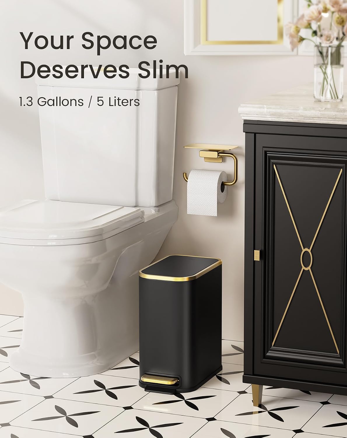 Cesun Small Bathroom Trash Can with Gold Grimmed Lid & Pedal, 1.3Gal, Black