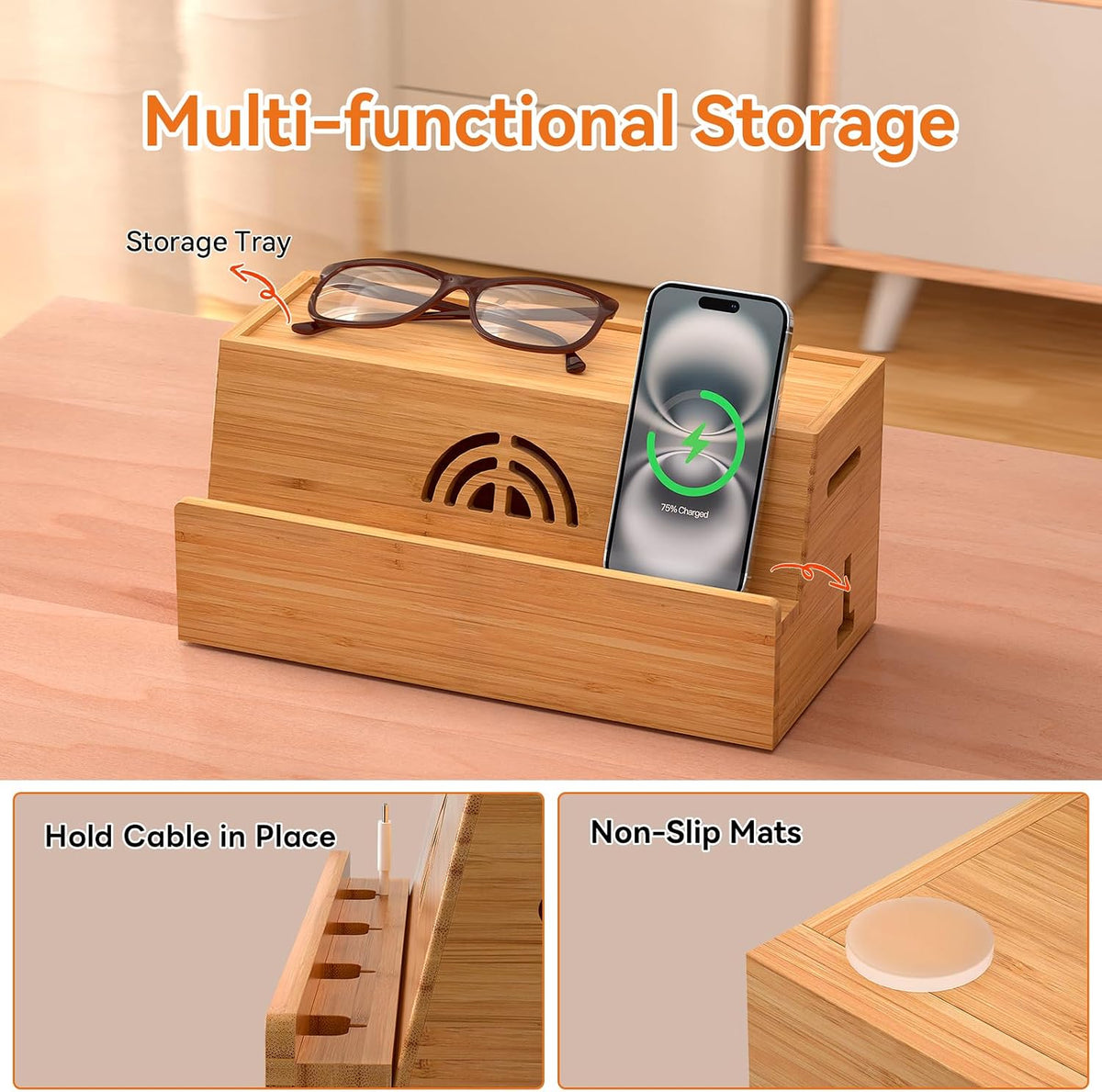 Bamboo Cable Management Box, Natural Color, 31X14X15.5CM