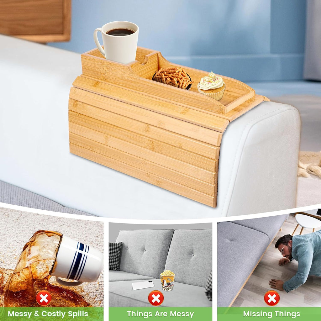 Bamboo Sofa Armrest Tray Table - Foldable Couch Cup Holder,Anti-Slip Side Table Armrest Clip Tray, Multifunctional Couch Organizer, Drink Snack Remote Control Holder