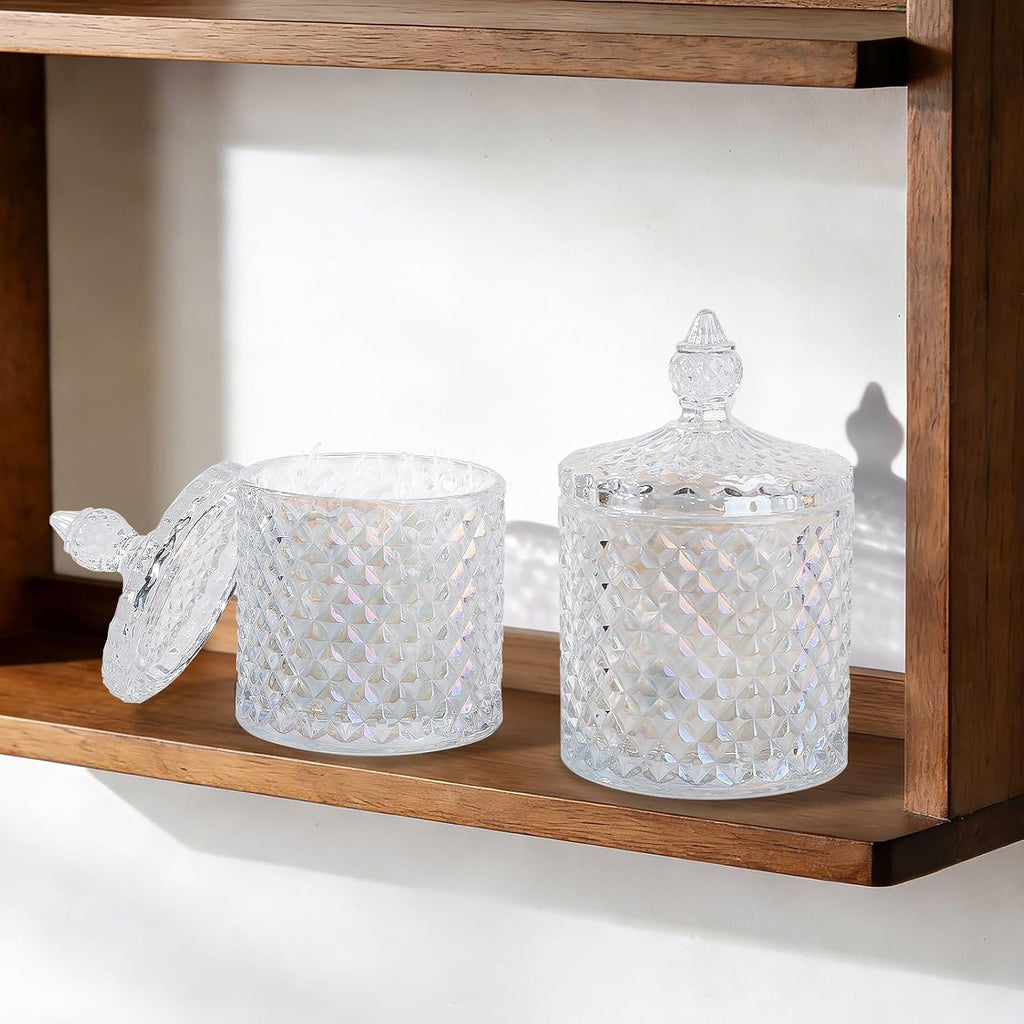 2 Pack Qtip Holder Apothecary Jars with Lid, Thick Glass, Iridescent Clear