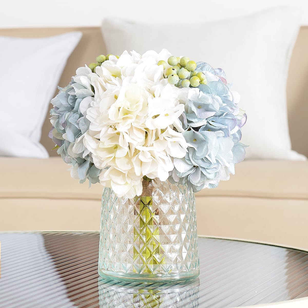 Wracra Hydrangeas Floral Arrangement in Glass Vase; Fake Flowers Blue
