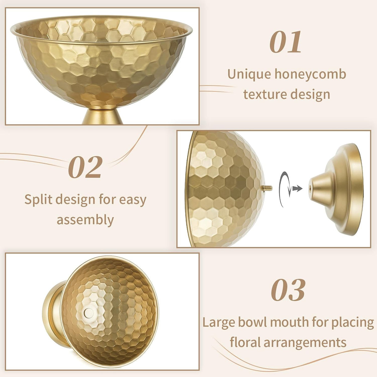 Sziqiqi Gold Urn Vase Wedding Centrepiece, Honeycomb Compote Vases, 2Pcs