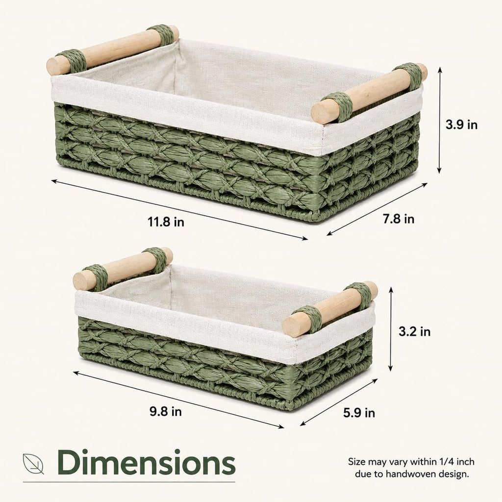 Sage Green Bathroom Baskets Set of 2, Paper Rope, Wood Handles